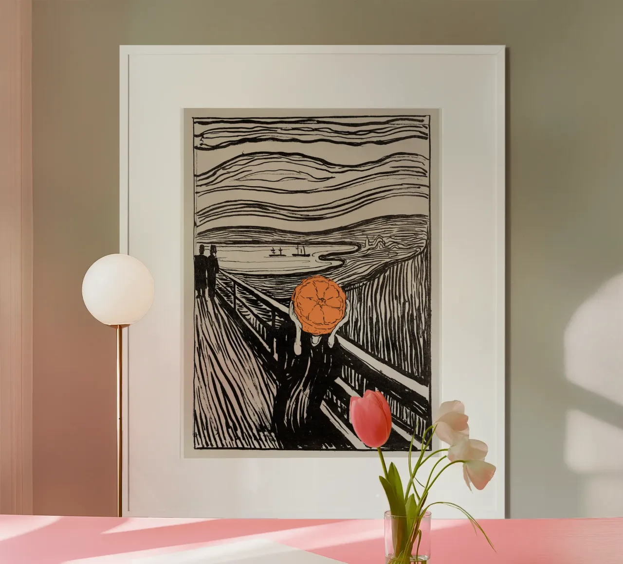 Orange Scream - The Man with Half an Orange for a Head poster con telaio in alluminio da Melty Shirts