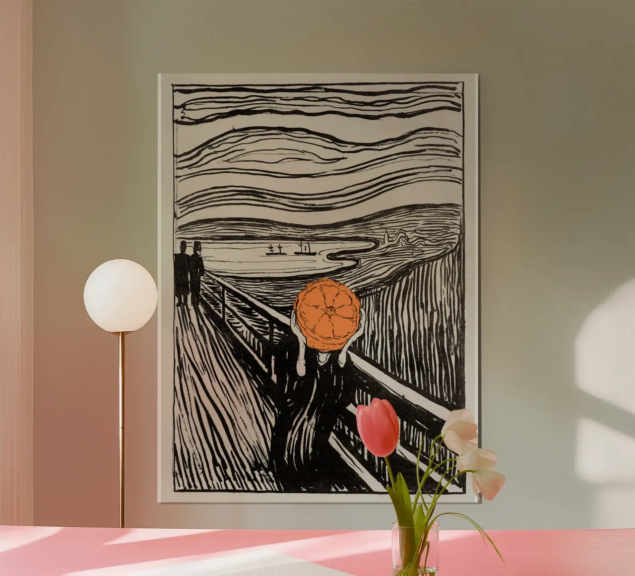 Orange Scream - The Man with Half an Orange for a Head poster con telaio in alluminio da Melty Shirts