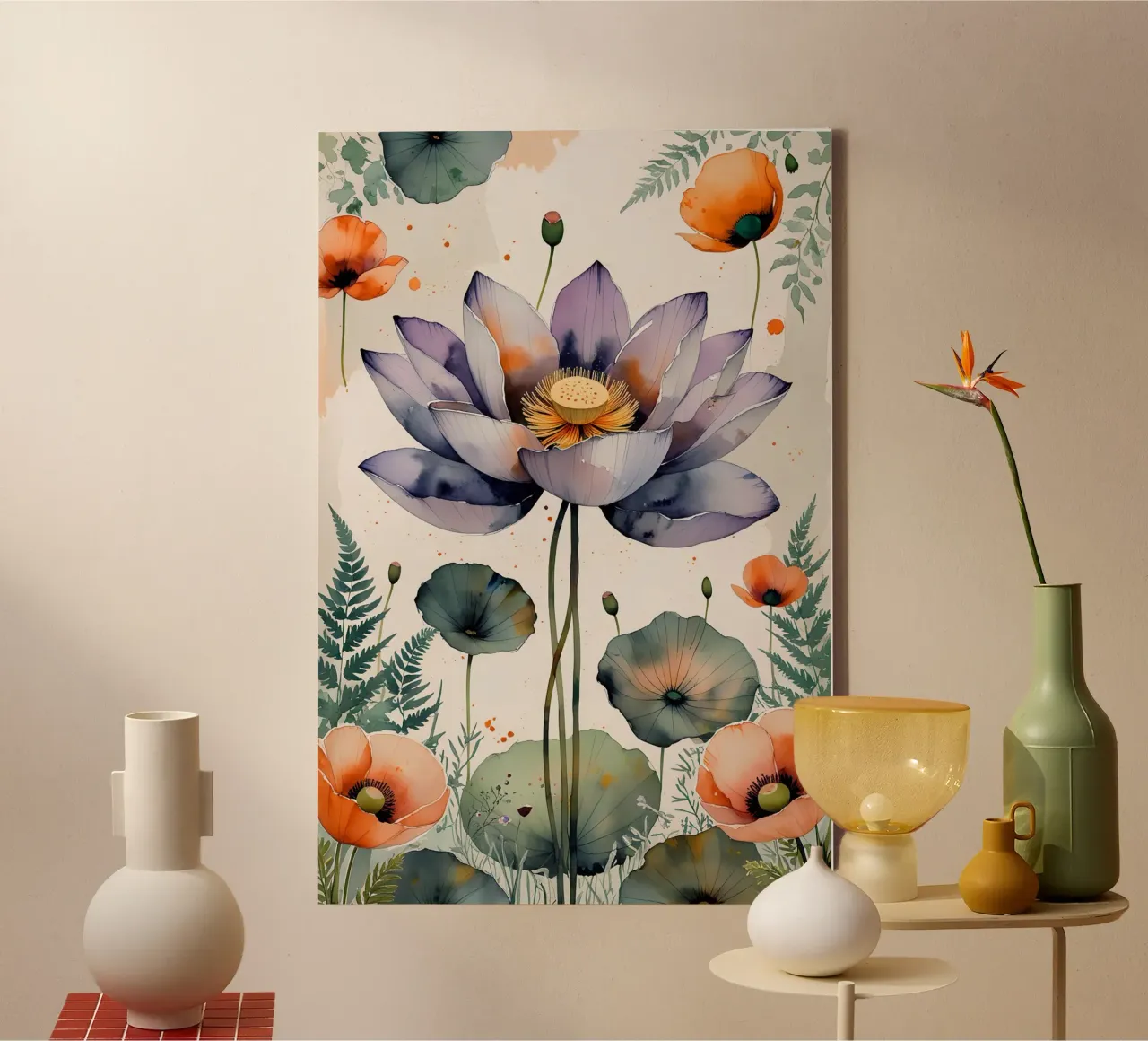 Lotus  Serenity" Watercolor canvas met Baklijst van Jeff Studio