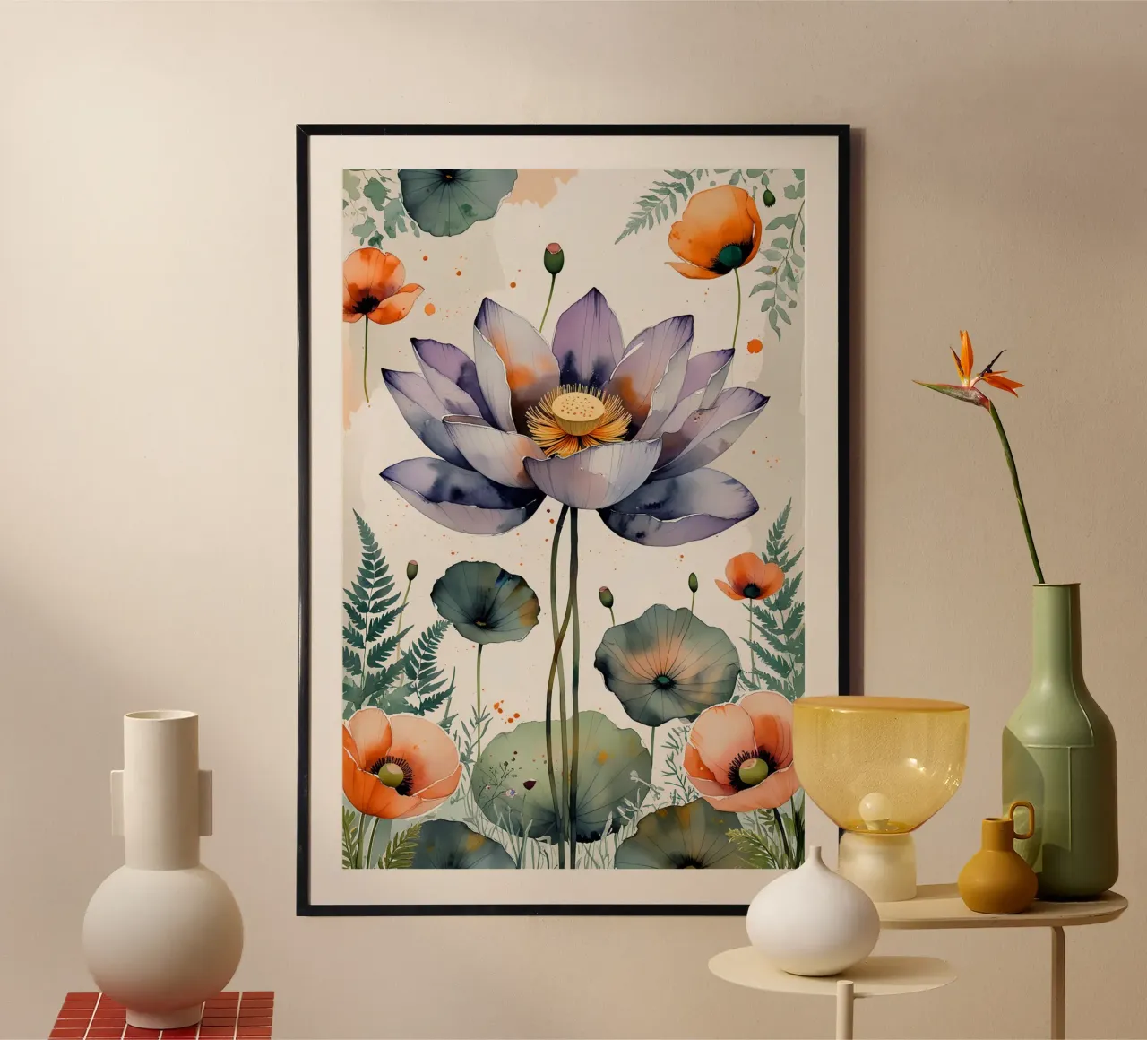 Lotus  Serenity" Watercolor poster con telaio in alluminio da Jeff Studio