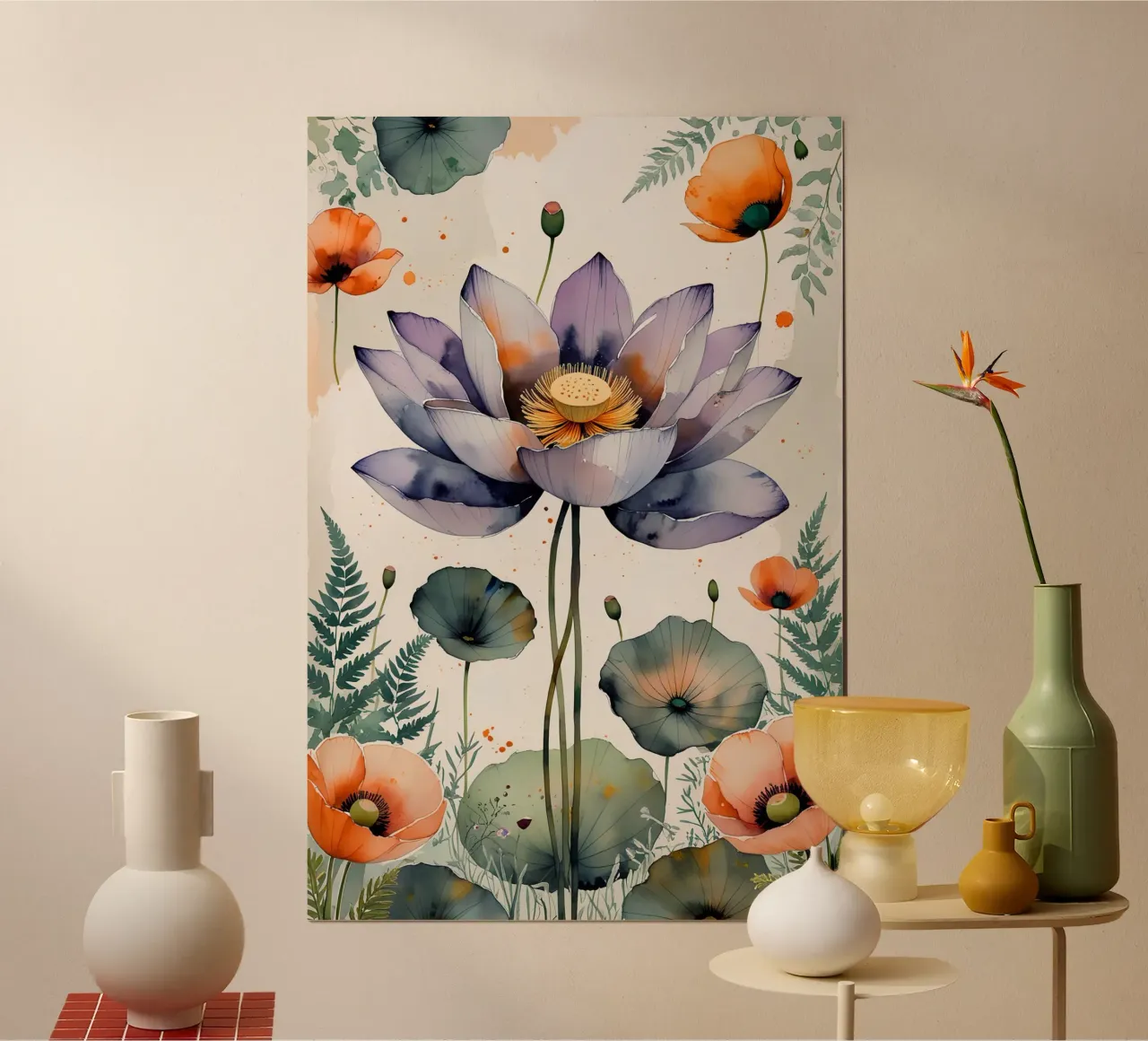 Lotus  Serenity" Watercolor poster con telaio in alluminio da Jeff Studio