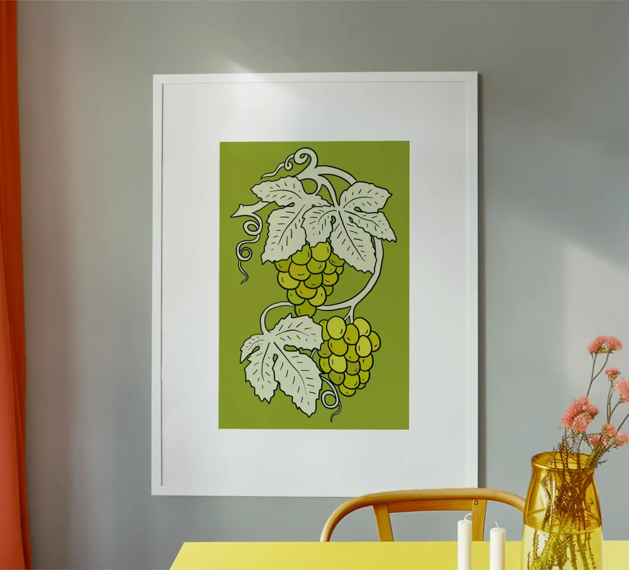 White grapes with light leaves poster con telaio in legno da TijanaArtStudio88