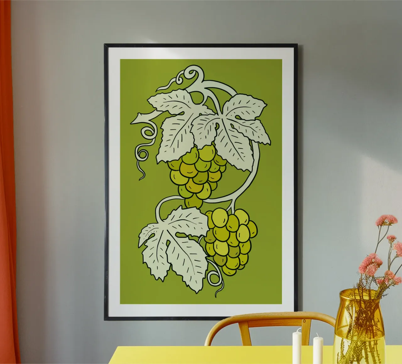 White grapes with light leaves poster con telaio in legno da TijanaArtStudio88