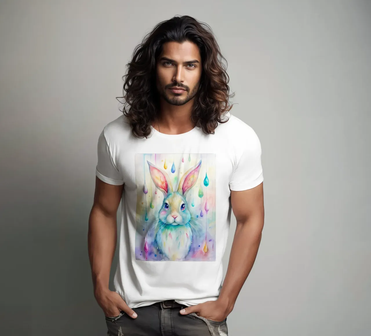 Coniglietto acquerellato con gocce di pioggia colorate t-shirt da 🐹 BABY ART PRINTS