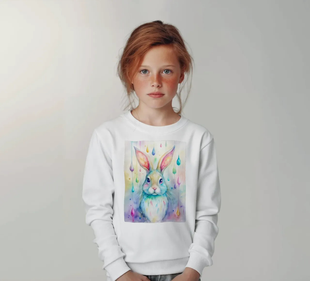 Coniglietto acquerellato con gocce di pioggia colorate felpa bambino da 🐹 BABY ART PRINTS