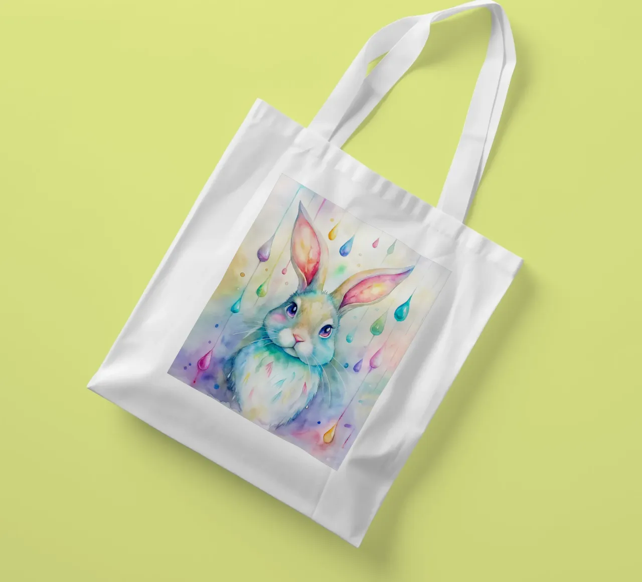 Coniglietto acquerellato con gocce di pioggia colorate borsa in juta da 🐹 BABY ART PRINTS