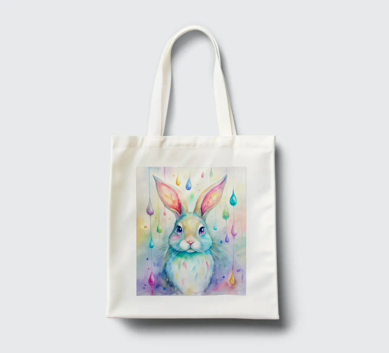 Coniglietto acquerellato con gocce di pioggia colorate borsa in juta da 🐹 BABY ART PRINTS