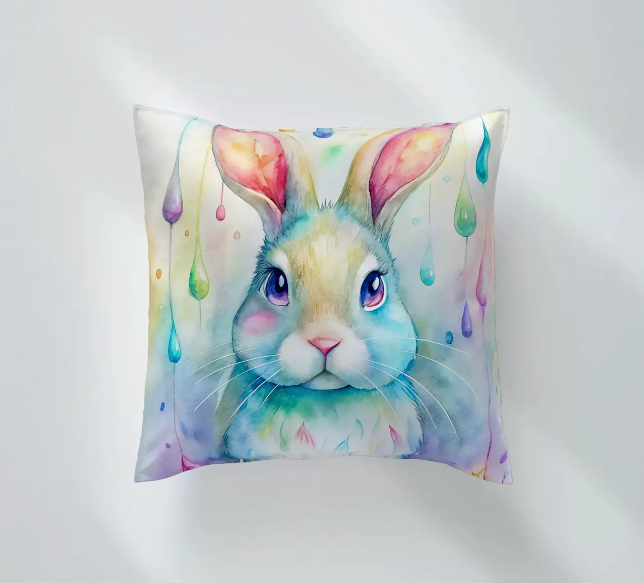 Coniglietto acquerellato con gocce di pioggia colorate cuscino da 🐹 BABY ART PRINTS
