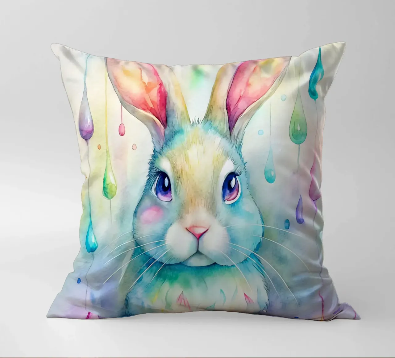 Coniglietto acquerellato con gocce di pioggia colorate cuscino da 🐹 BABY ART PRINTS