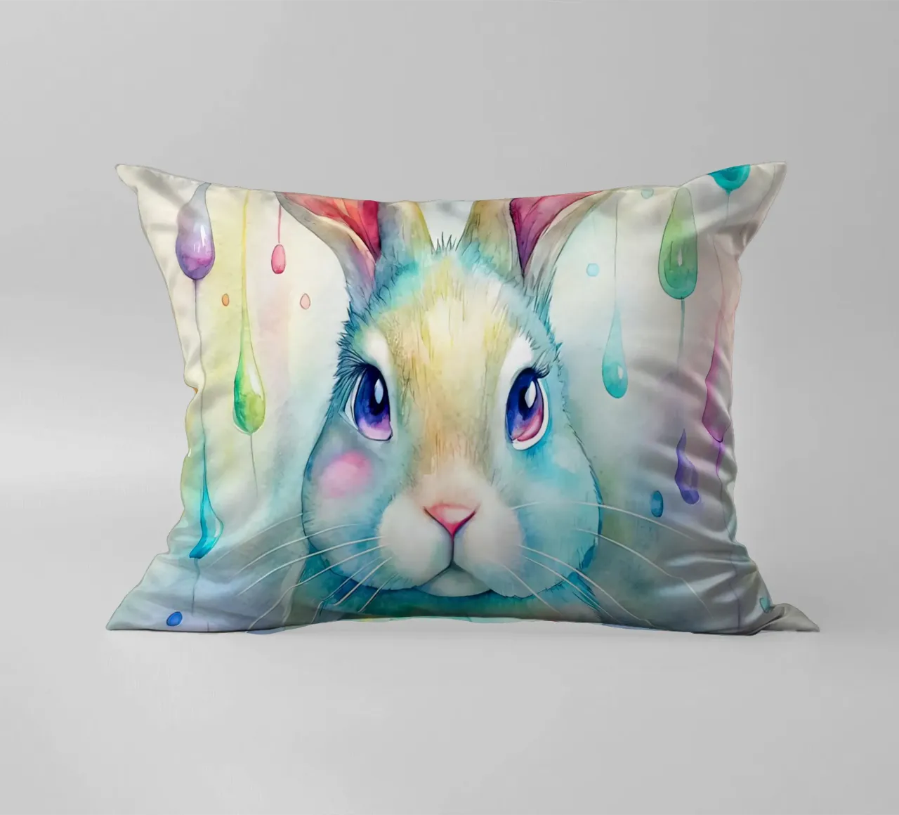 Coniglietto acquerellato con gocce di pioggia colorate cuscino da 🐹 BABY ART PRINTS
