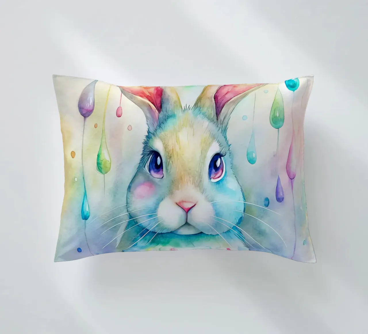 Coniglietto acquerellato con gocce di pioggia colorate cuscino da 🐹 BABY ART PRINTS