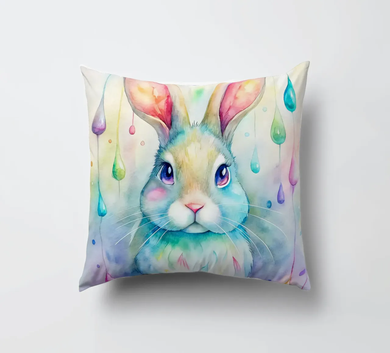 Coniglietto acquerellato con gocce di pioggia colorate cuscino da 🐹 BABY ART PRINTS