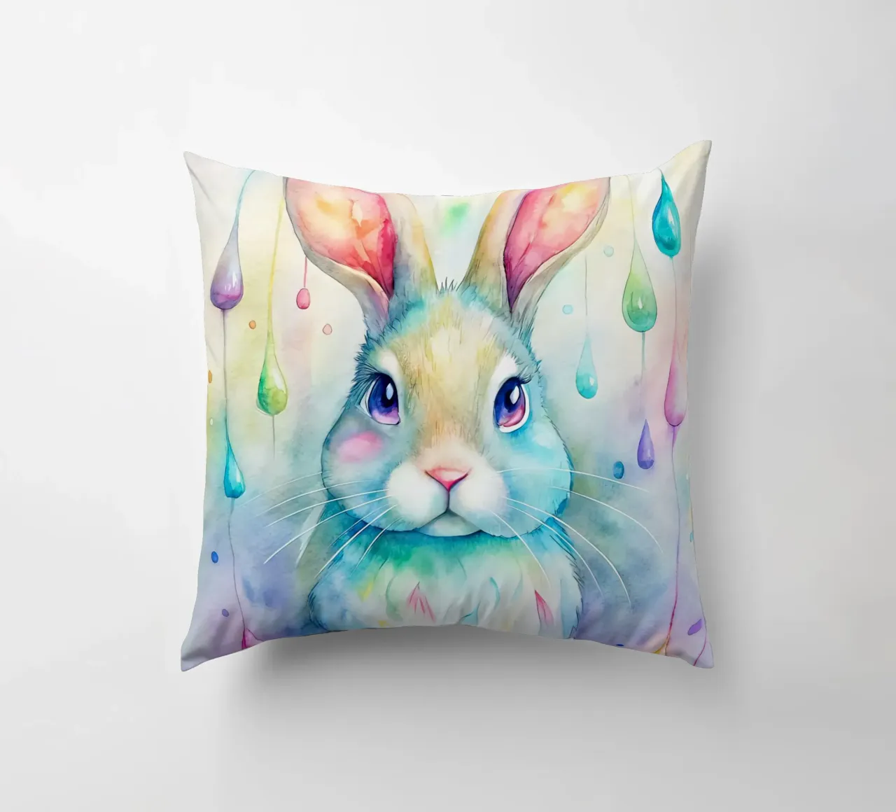 Coniglietto acquerellato con gocce di pioggia colorate cuscino da 🐹 BABY ART PRINTS