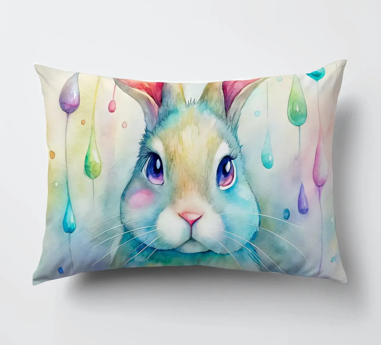 Coniglietto acquerellato con gocce di pioggia colorate cuscino da 🐹 BABY ART PRINTS