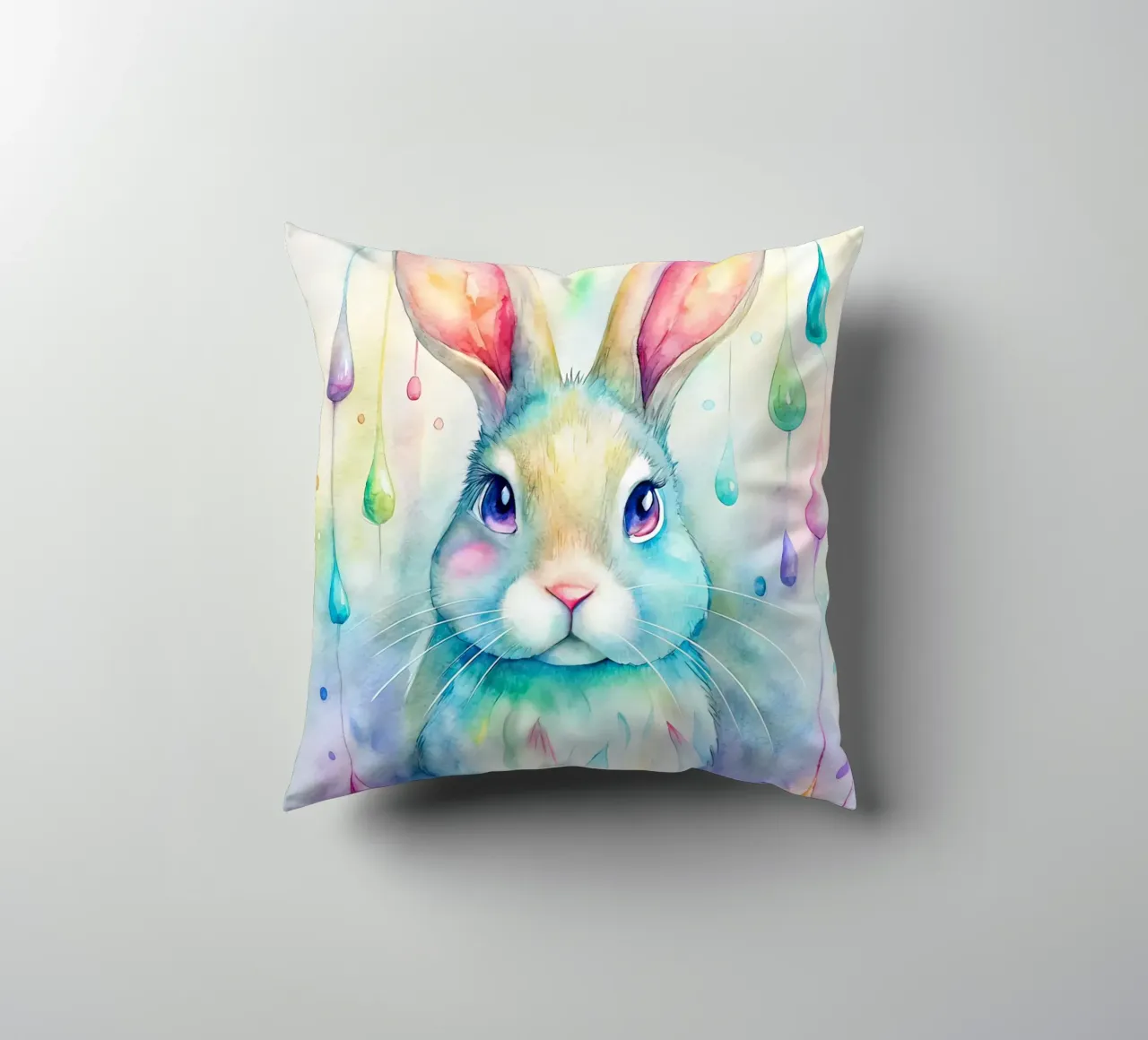 Coniglietto acquerellato con gocce di pioggia colorate cuscino da 🐹 BABY ART PRINTS