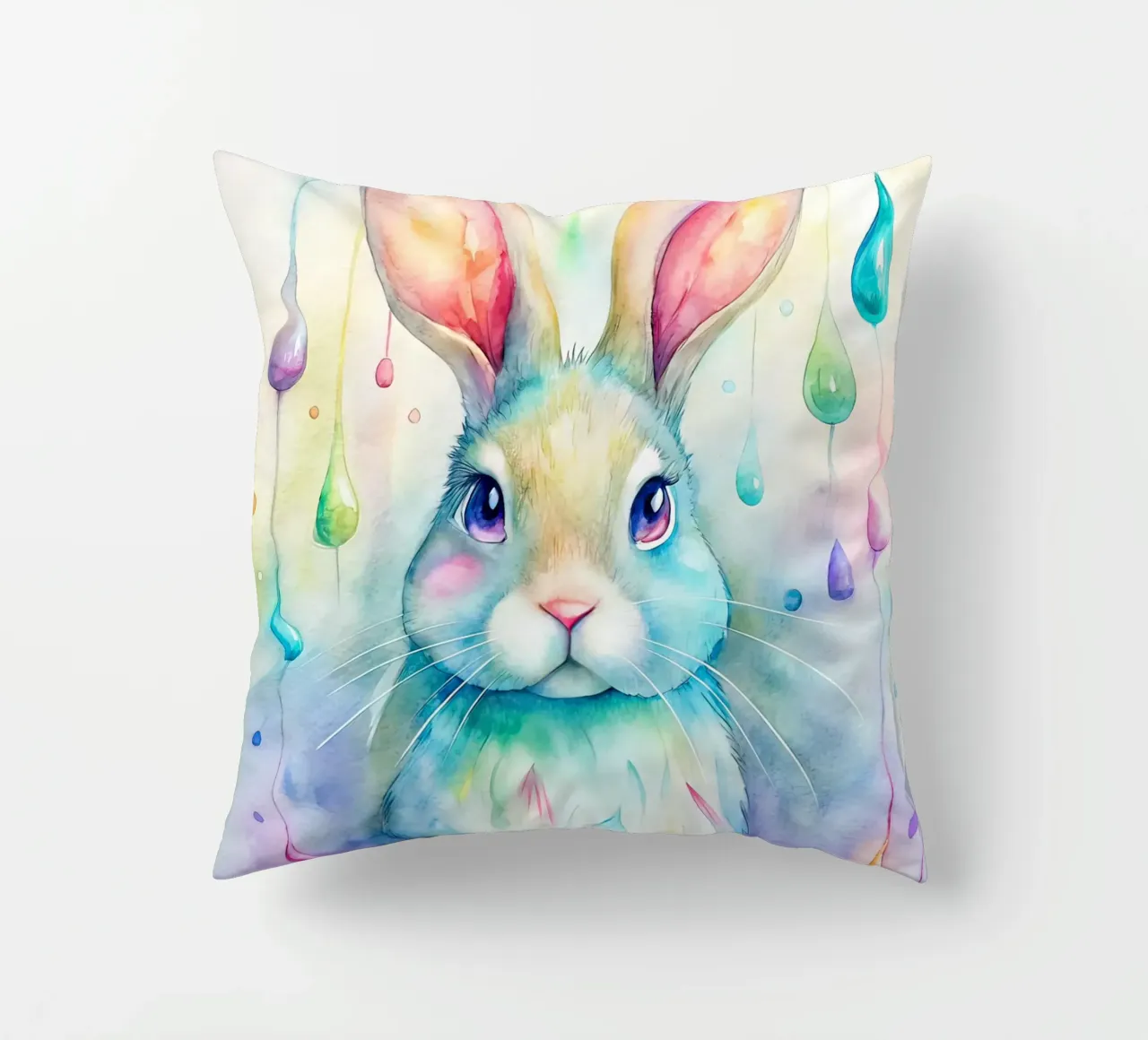 Coniglietto acquerellato con gocce di pioggia colorate cuscino da 🐹 BABY ART PRINTS