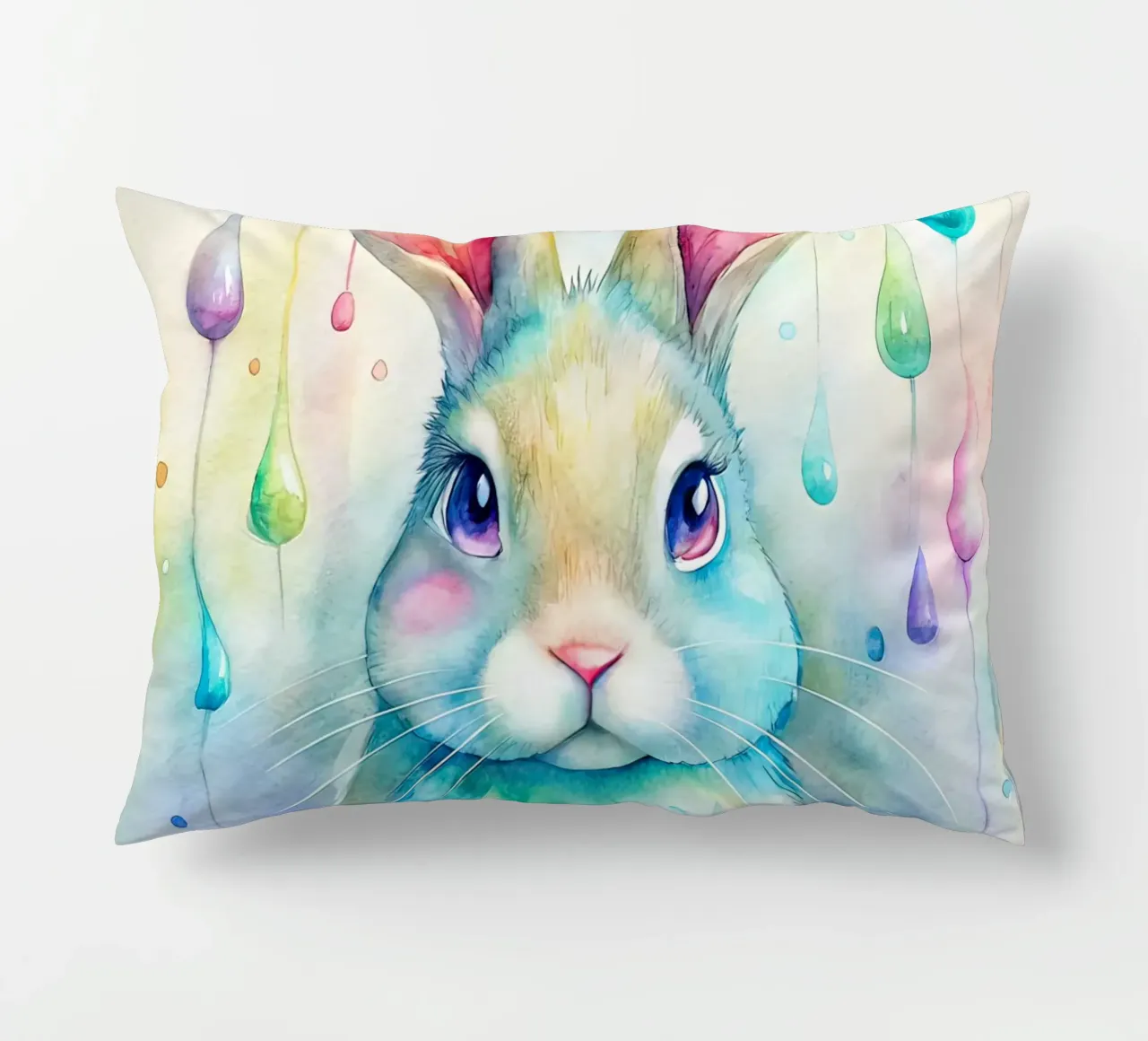 Coniglietto acquerellato con gocce di pioggia colorate cuscino da 🐹 BABY ART PRINTS
