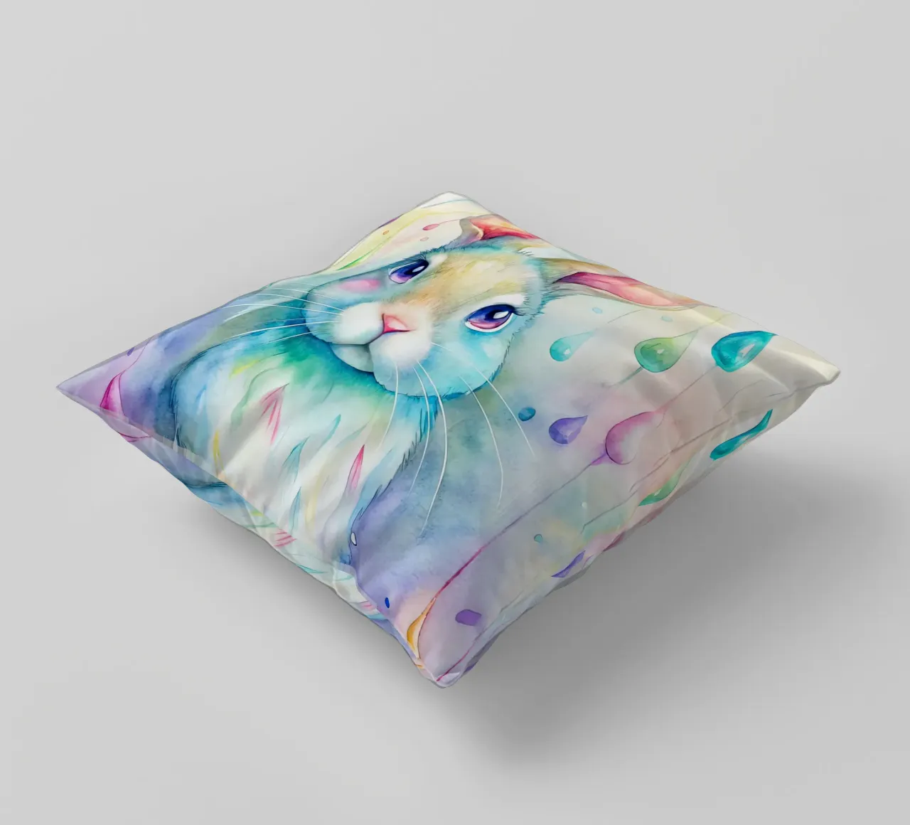 Coniglietto acquerellato con gocce di pioggia colorate cuscino da 🐹 BABY ART PRINTS