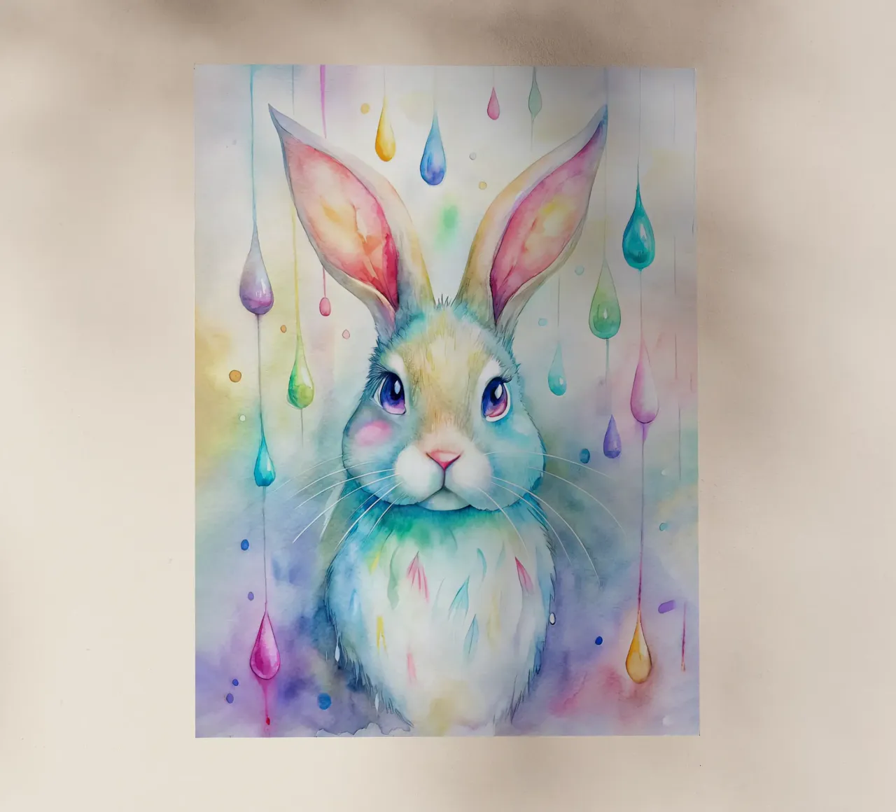Coniglietto acquerellato con gocce di pioggia colorate pellicola backlit da 🐹 BABY ART PRINTS
