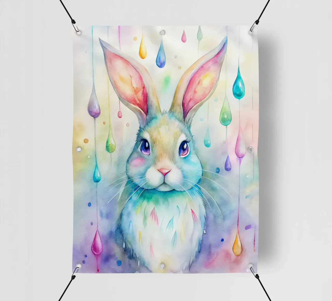Coniglietto acquerellato con gocce di pioggia colorate telo in pvc da 🐹 BABY ART PRINTS