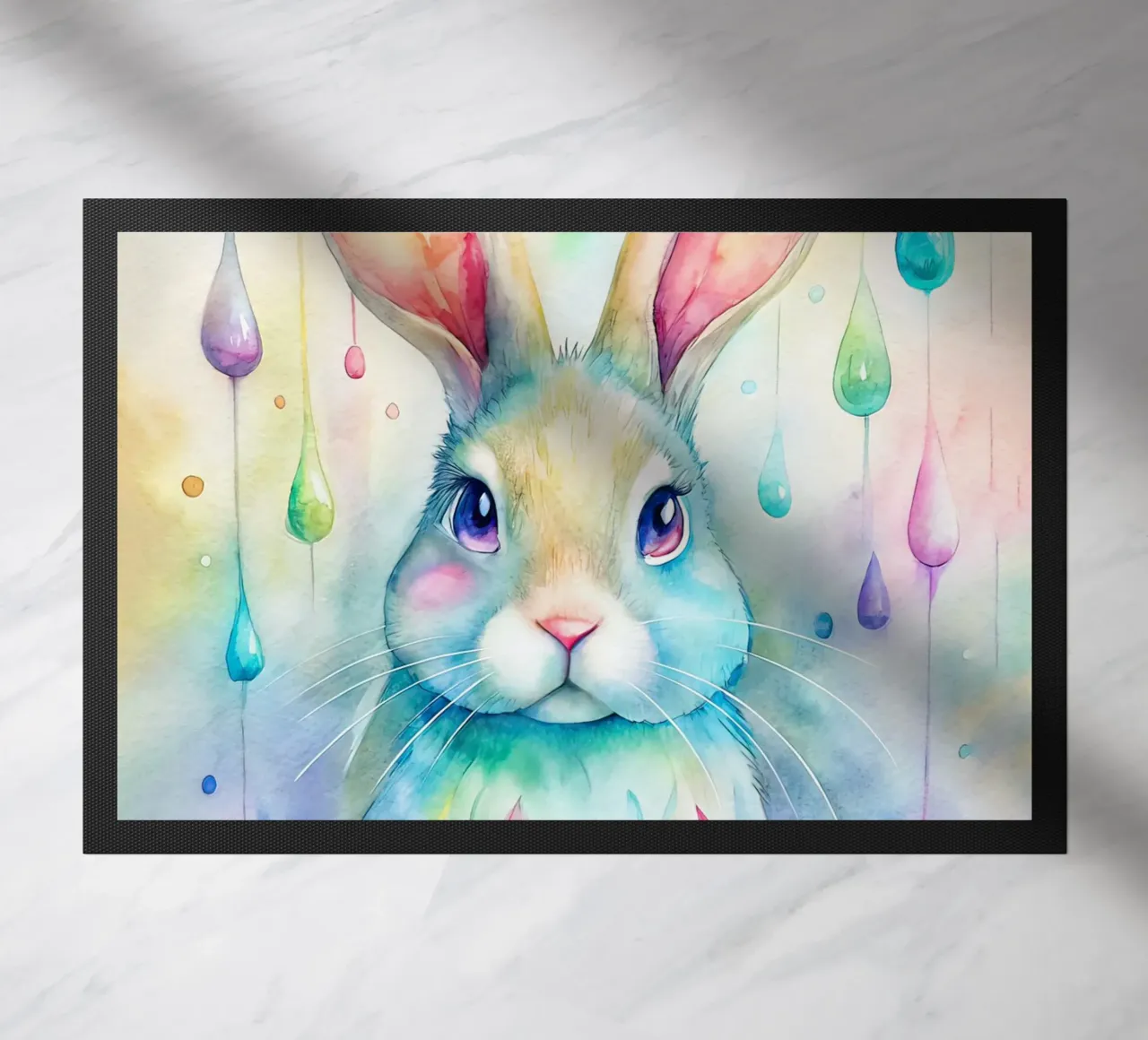 Coniglietto acquerellato con gocce di pioggia colorate zerbino da 🐹 BABY ART PRINTS