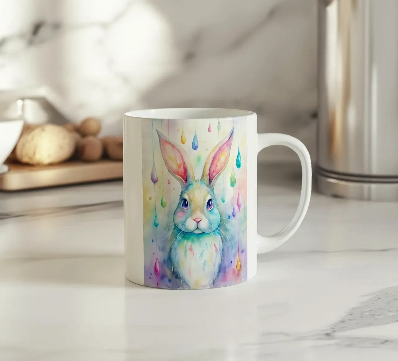 Coniglietto acquerellato con gocce di pioggia colorate tazza in ceramica da 🐹 BABY ART PRINTS