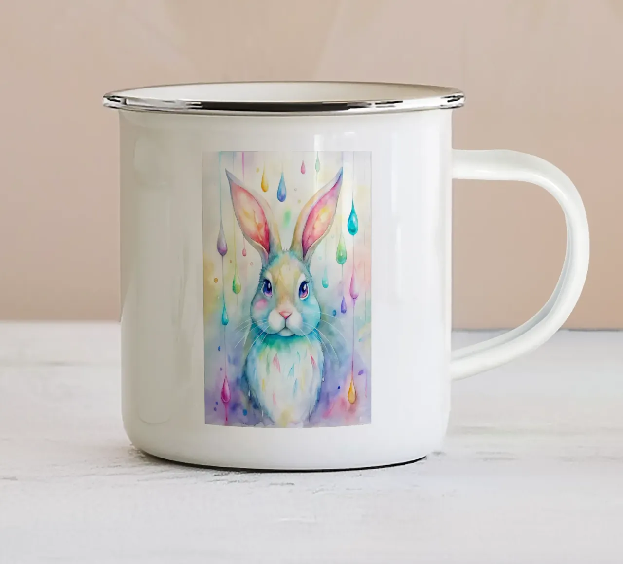 Coniglietto acquerellato con gocce di pioggia colorate tazza in smalto da 🐹 BABY ART PRINTS