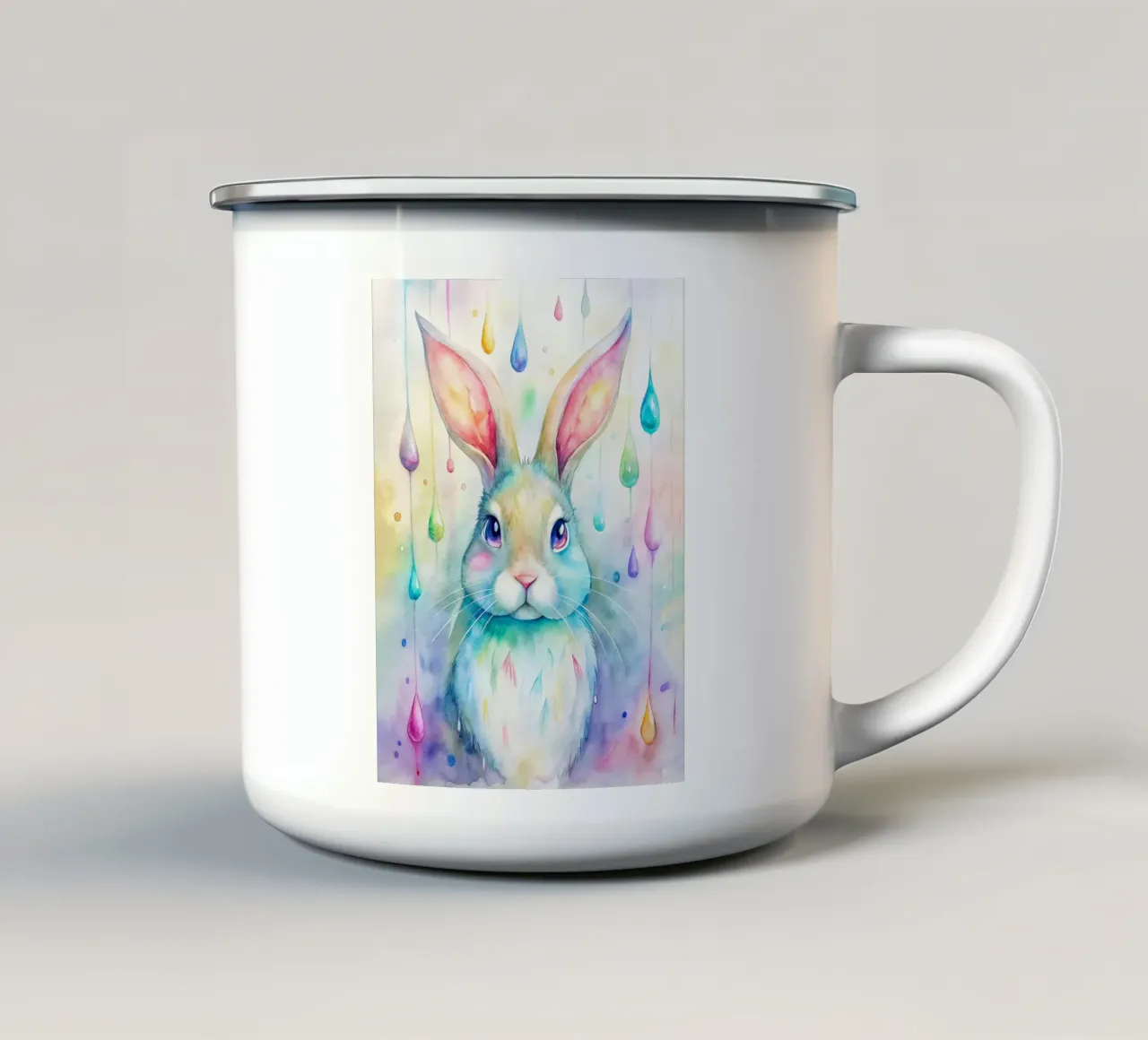 Coniglietto acquerellato con gocce di pioggia colorate tazza in smalto da 🐹 BABY ART PRINTS