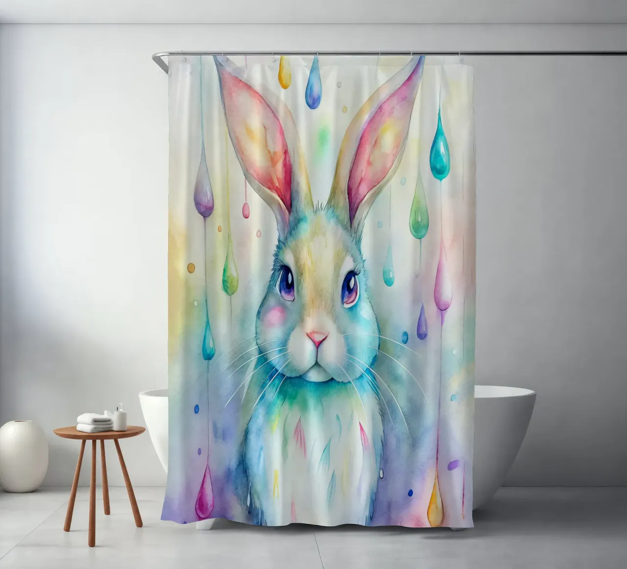 Coniglietto acquerellato con gocce di pioggia colorate tenda da doccia da 🐹 BABY ART PRINTS