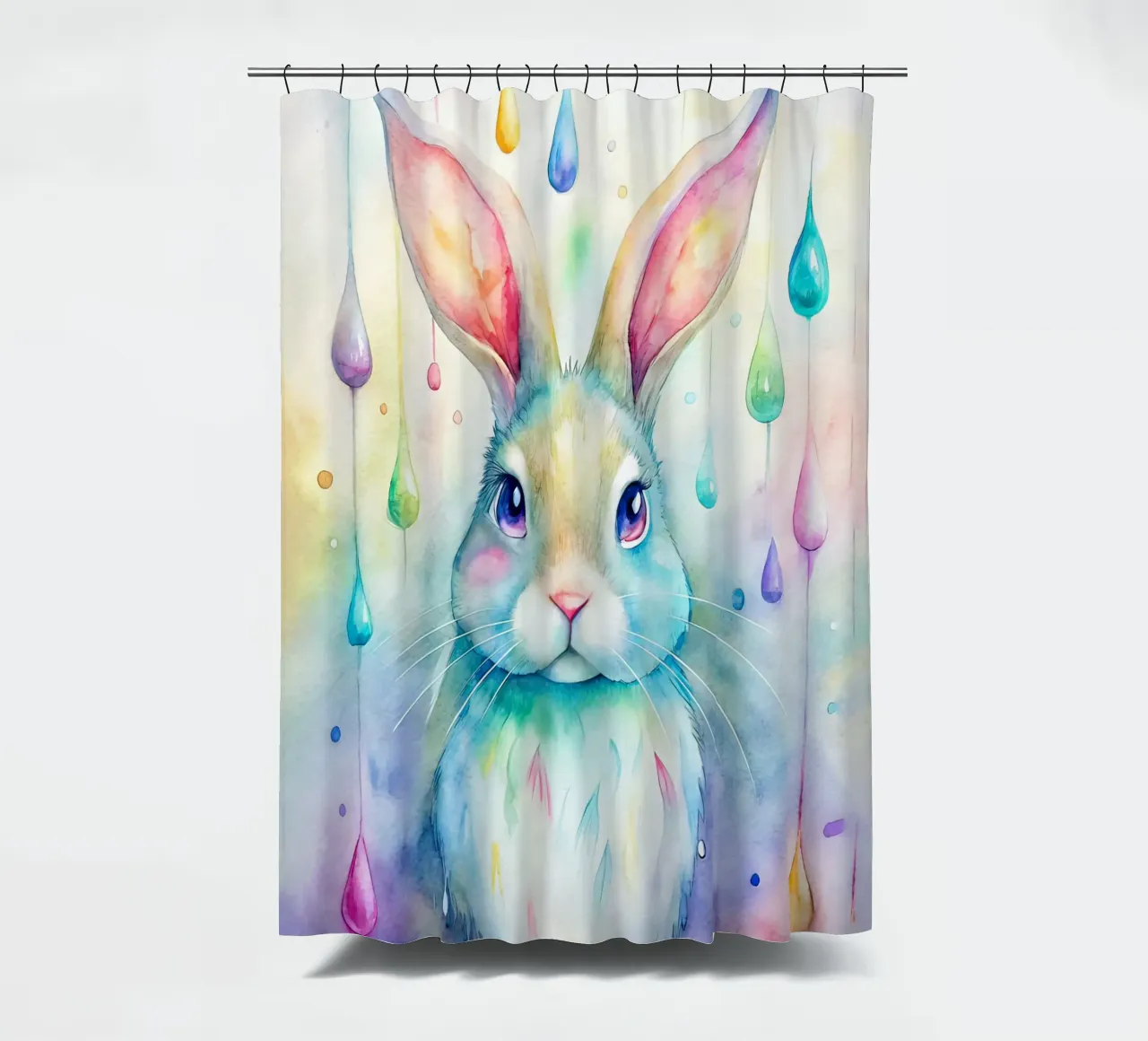Coniglietto acquerellato con gocce di pioggia colorate tenda da doccia da 🐹 BABY ART PRINTS
