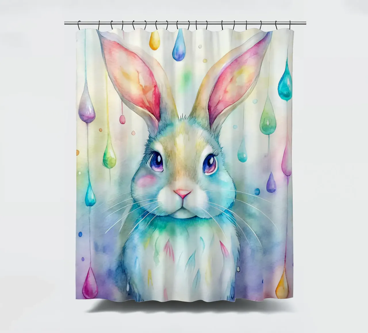 Coniglietto acquerellato con gocce di pioggia colorate tenda da doccia da 🐹 BABY ART PRINTS