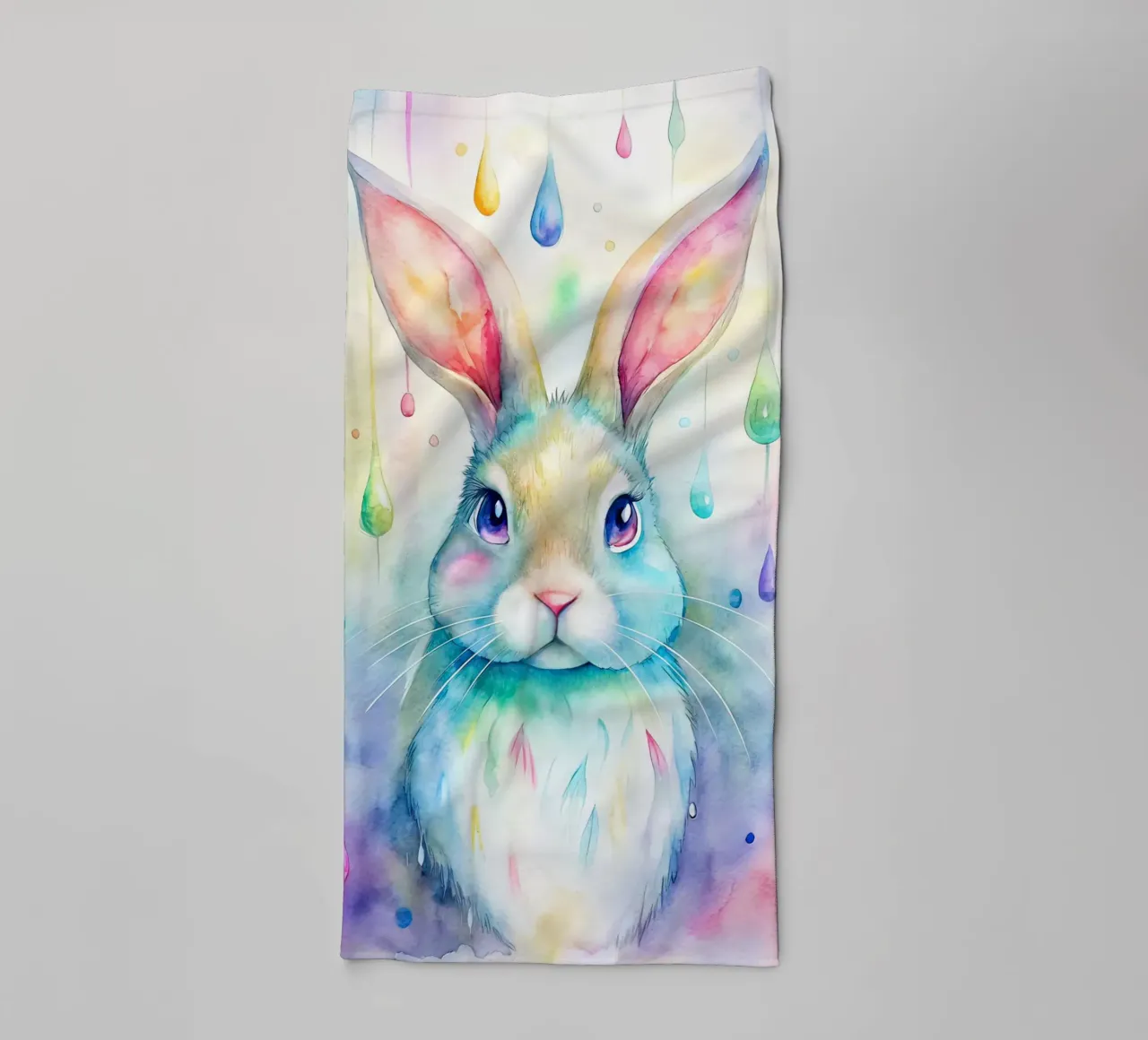 Coniglietto acquerellato con gocce di pioggia colorate asciugamano da bagno da 🐹 BABY ART PRINTS