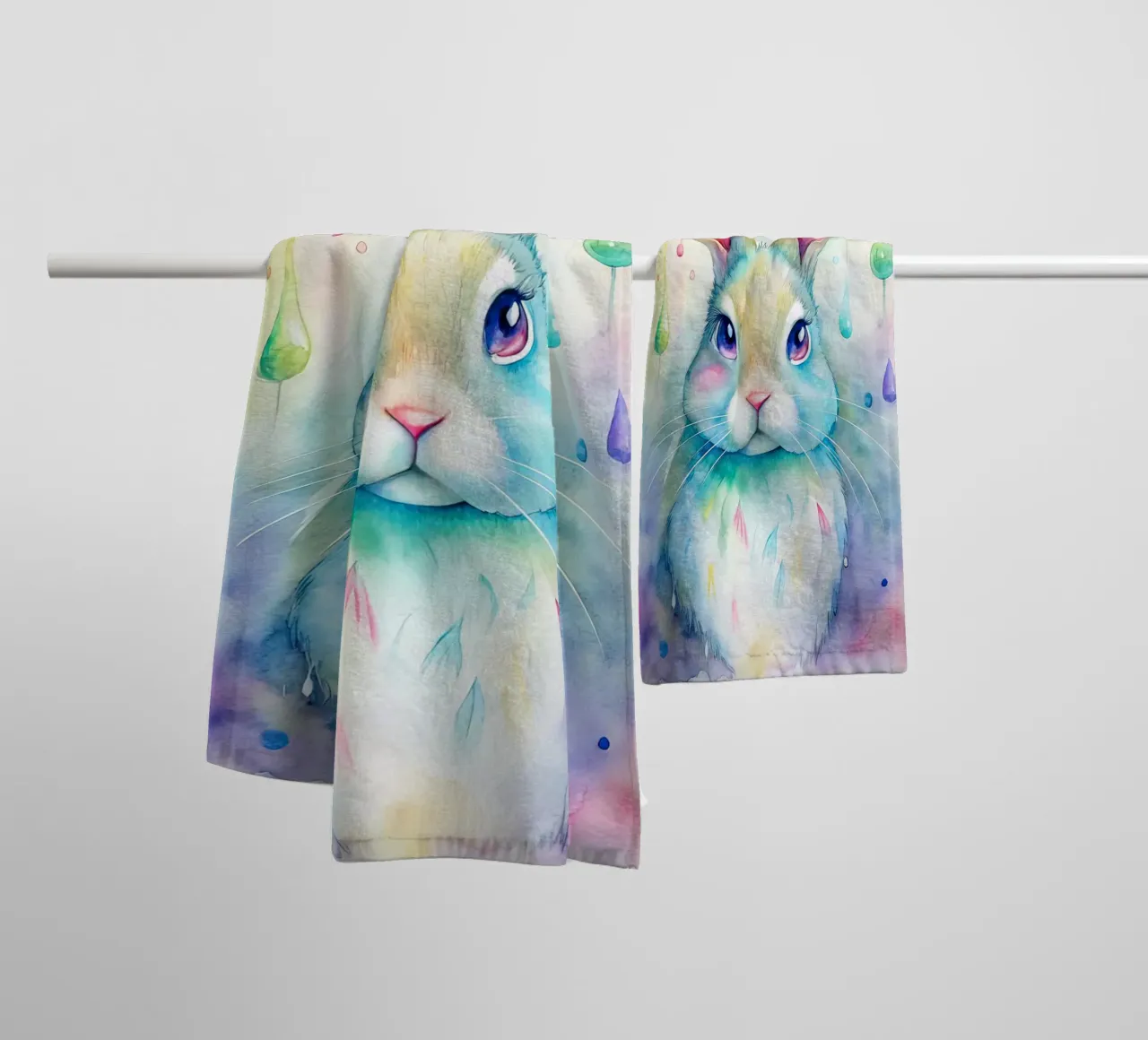 Coniglietto acquerellato con gocce di pioggia colorate asciugamano da bagno da 🐹 BABY ART PRINTS