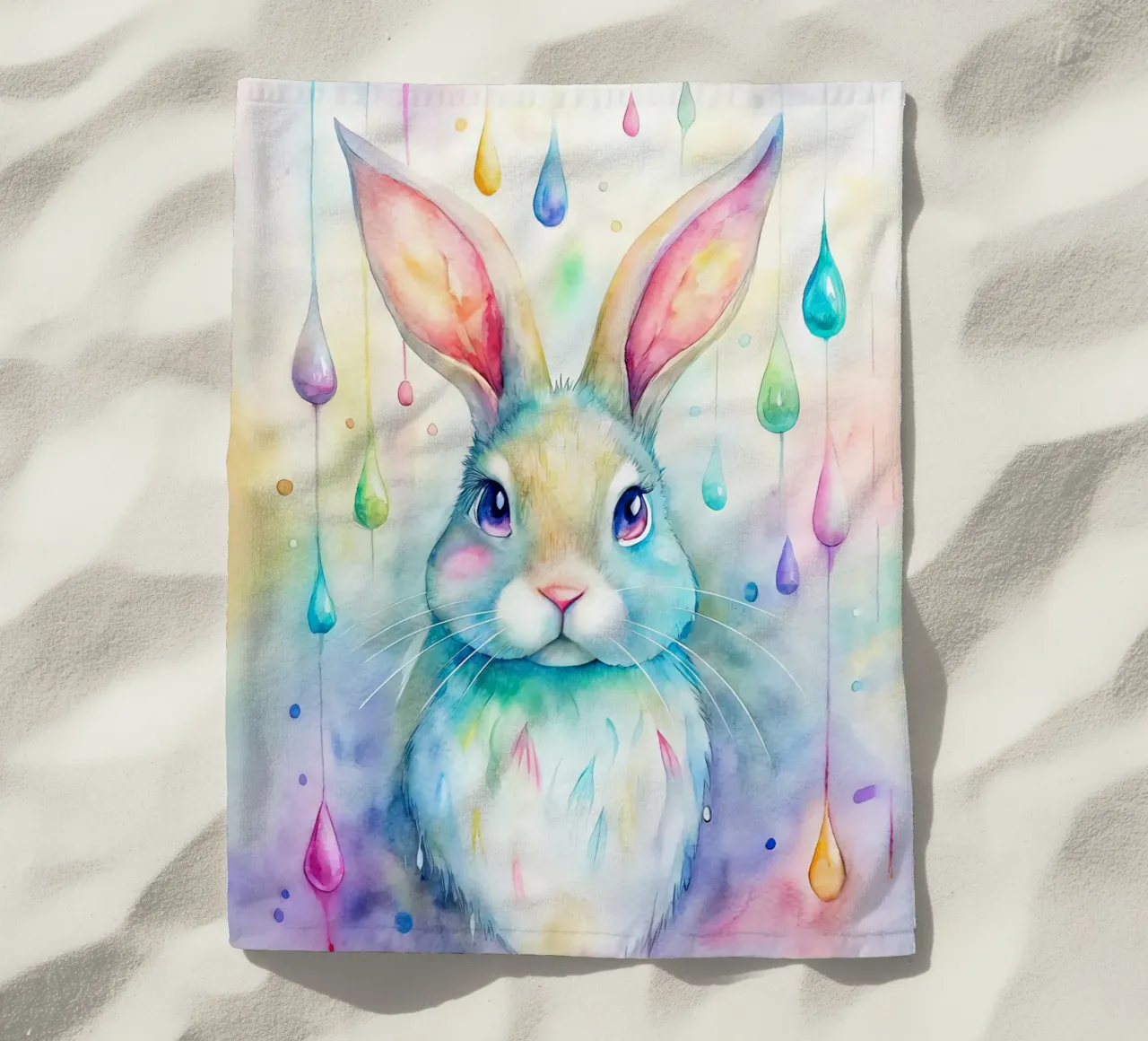 Coniglietto acquerellato con gocce di pioggia colorate telo mare da 🐹 BABY ART PRINTS