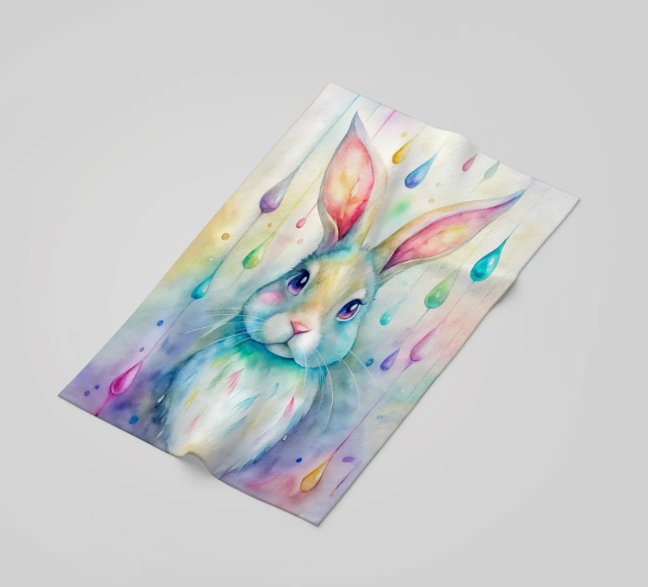 Coniglietto acquerellato con gocce di pioggia colorate telo mare da 🐹 BABY ART PRINTS