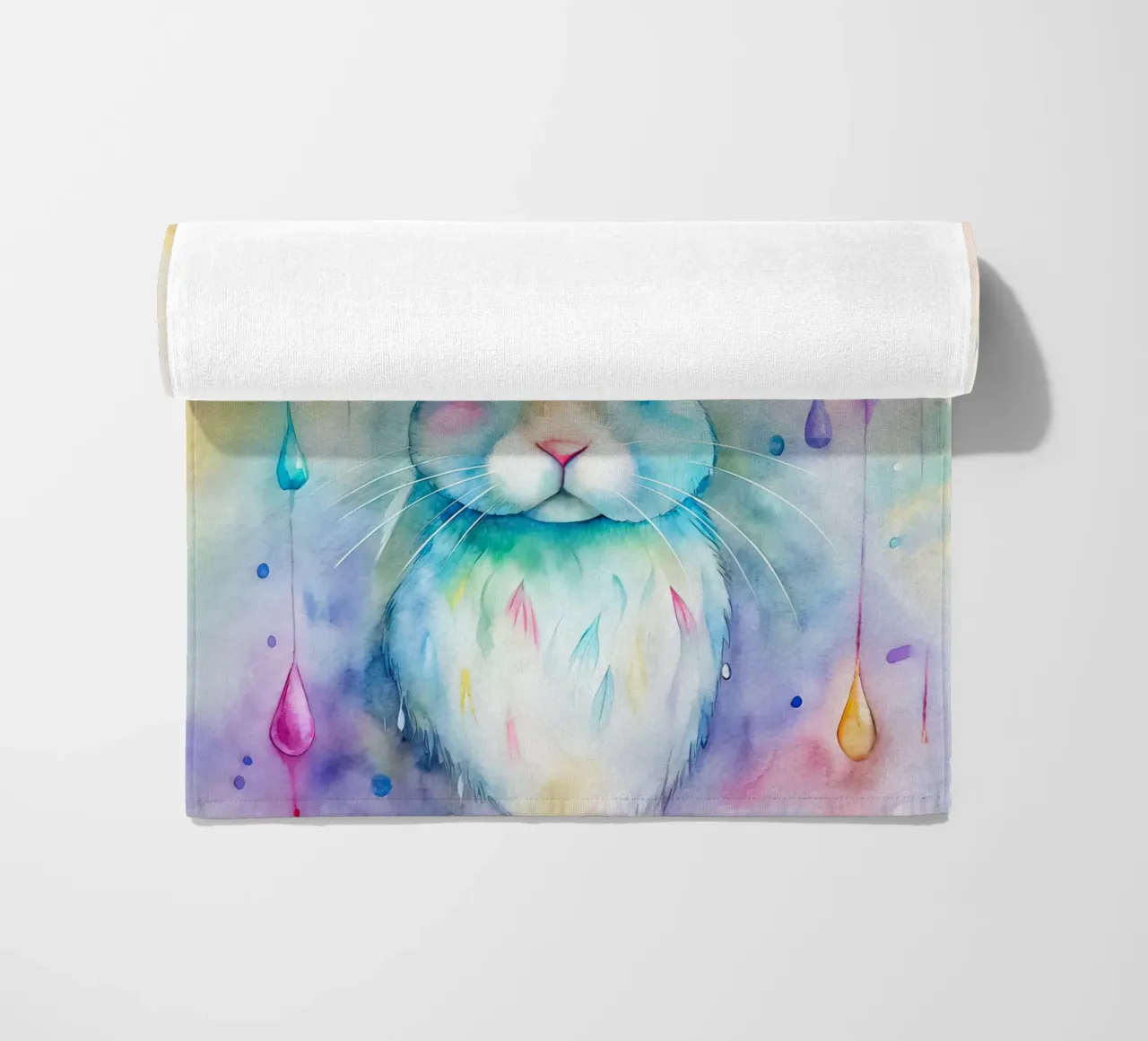 Coniglietto acquerellato con gocce di pioggia colorate telo mare da 🐹 BABY ART PRINTS
