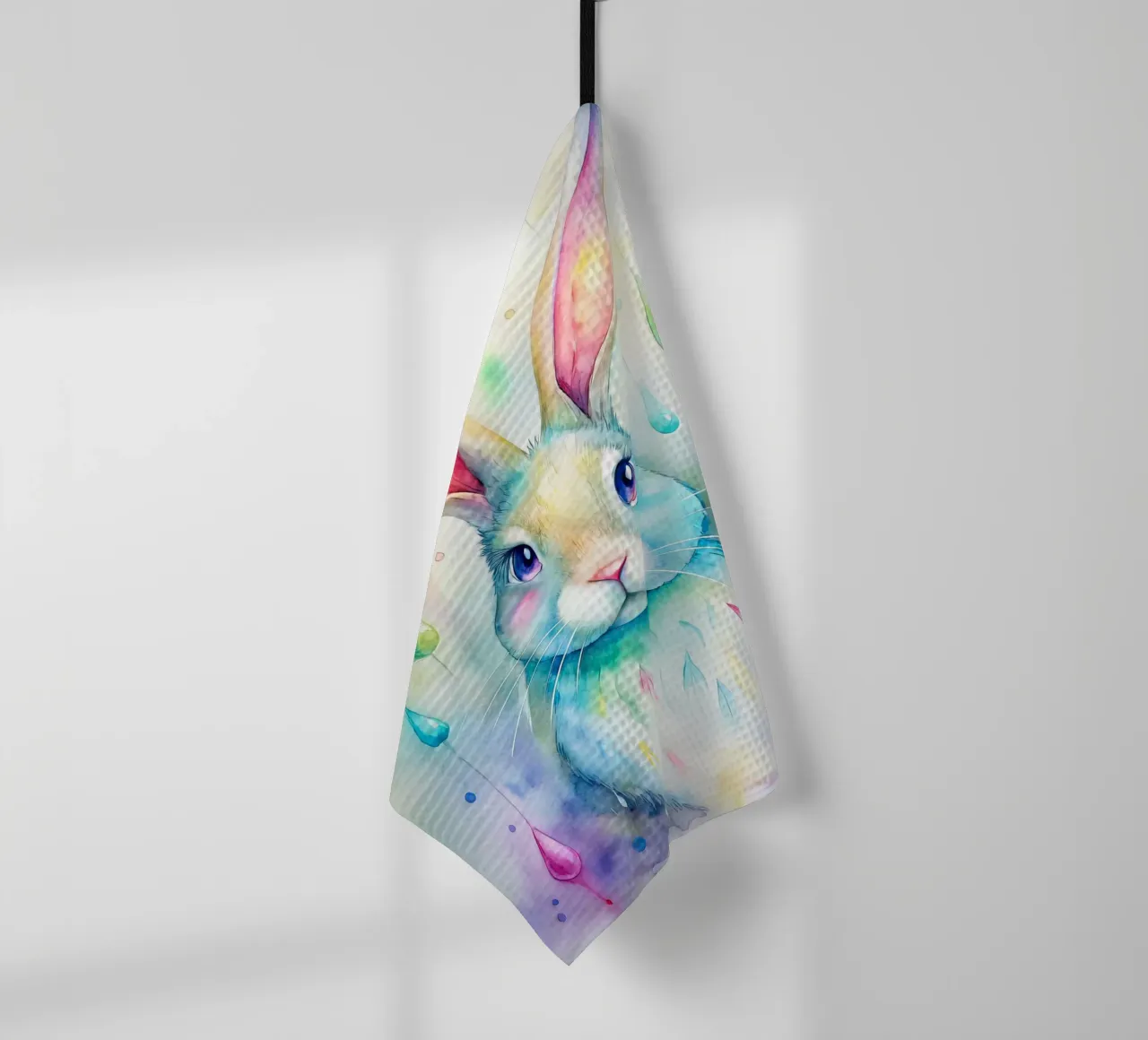 Coniglietto acquerellato con gocce di pioggia colorate canovaccio da cucina da 🐹 BABY ART PRINTS