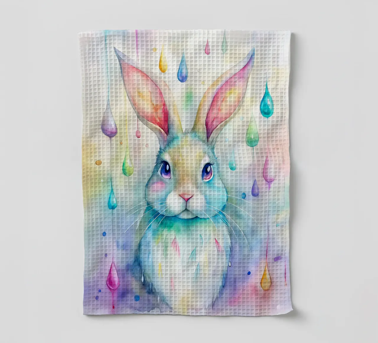 Coniglietto acquerellato con gocce di pioggia colorate canovaccio da cucina da 🐹 BABY ART PRINTS