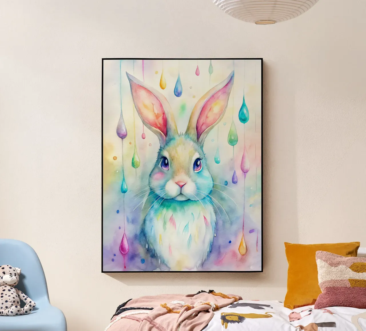 Coniglietto acquerellato con gocce di pioggia colorate plexiglass da 🐹 BABY ART PRINTS