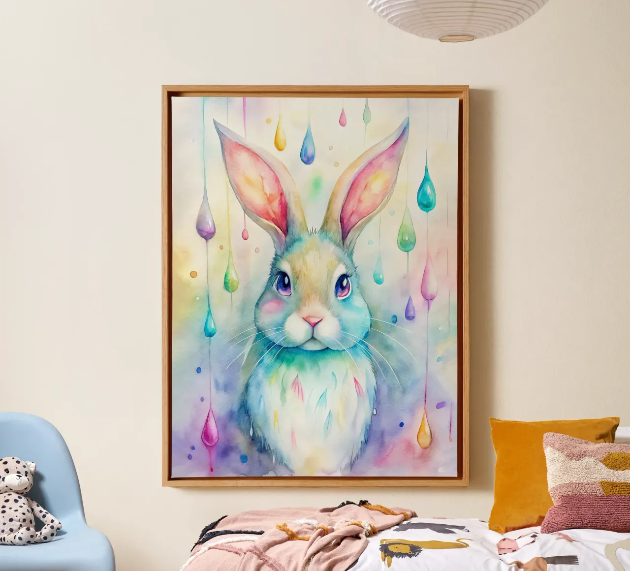 Coniglietto acquerellato con gocce di pioggia colorate tela con Cornice a cassetta da 🐹 BABY ART PRINTS