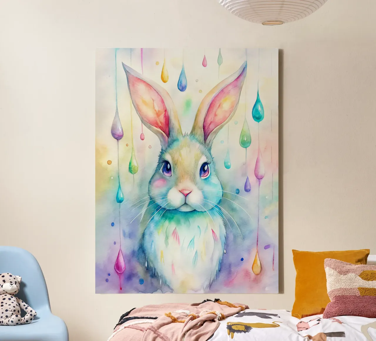 Coniglietto acquerellato con gocce di pioggia colorate tela con Cornice a cassetta da 🐹 BABY ART PRINTS