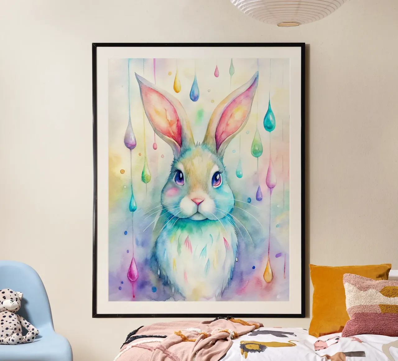 Coniglietto acquerellato con gocce di pioggia colorate poster con telaio in plastica da 🐹 BABY ART PRINTS