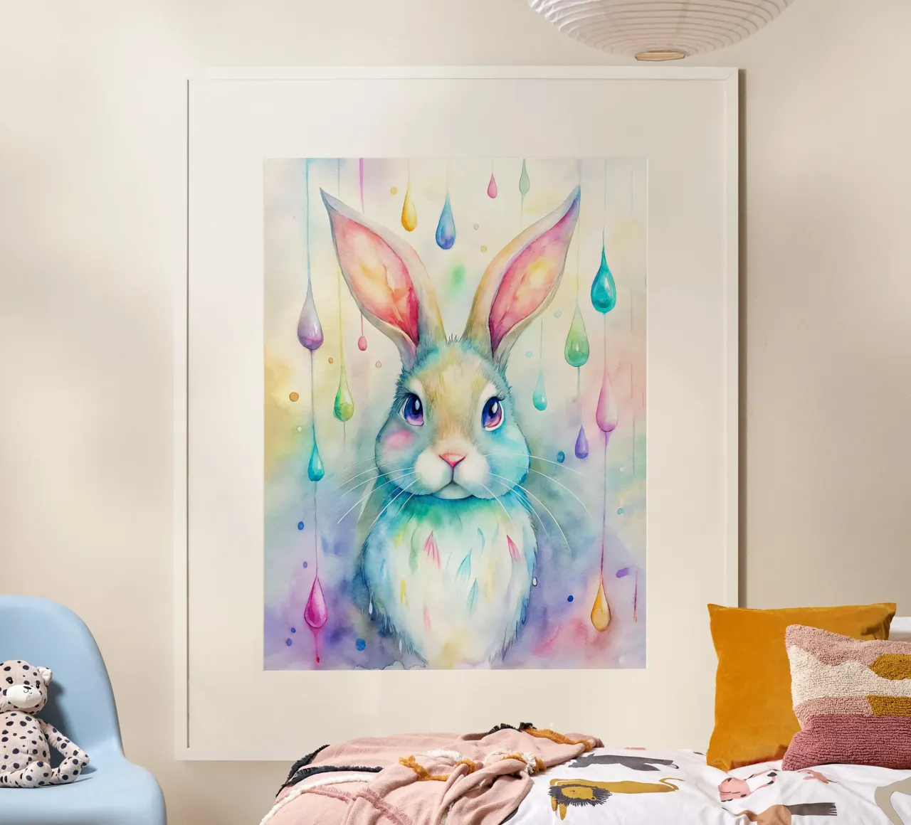 Coniglietto acquerellato con gocce di pioggia colorate poster con telaio in plastica da 🐹 BABY ART PRINTS