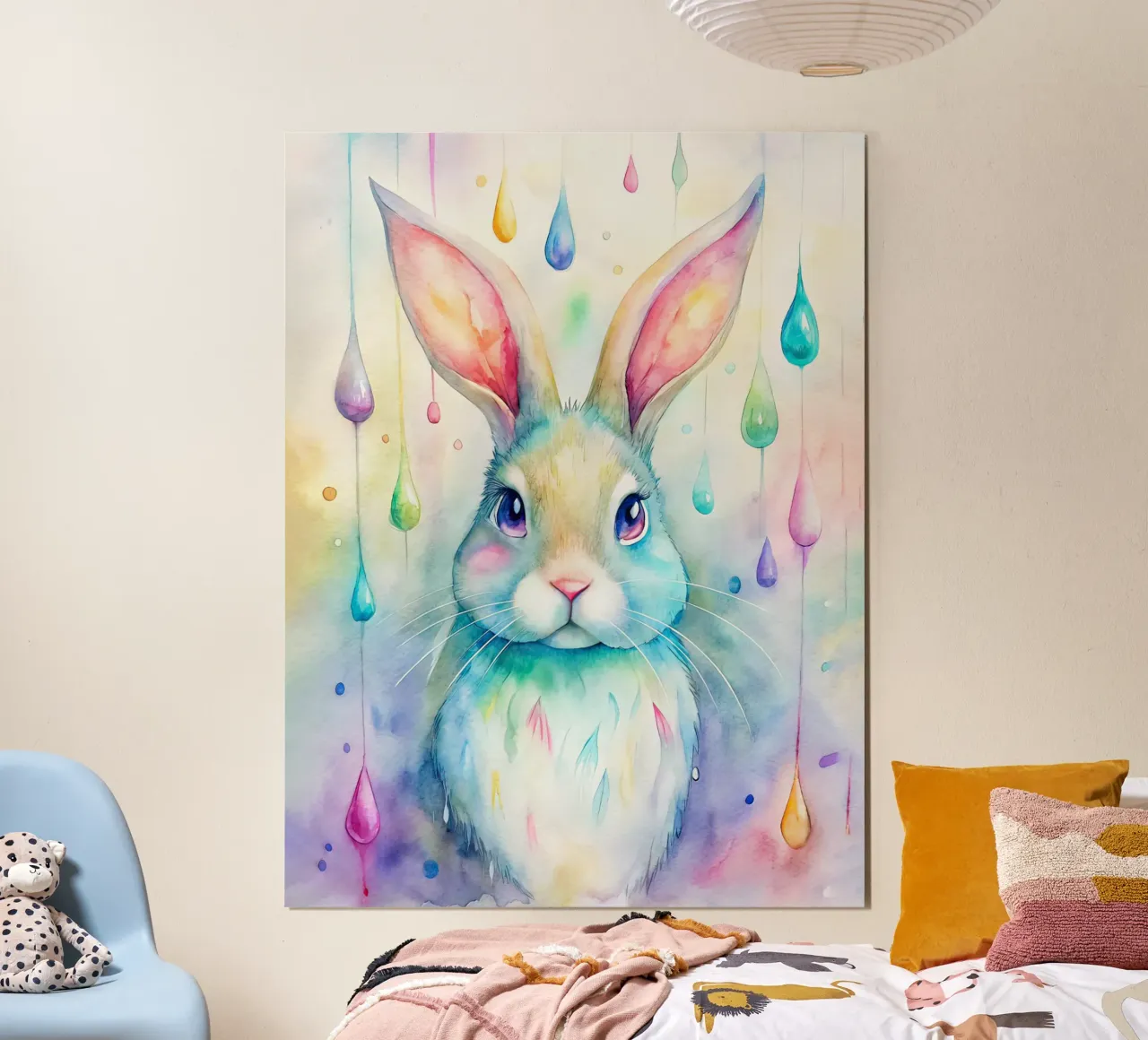 Coniglietto acquerellato con gocce di pioggia colorate poster con telaio in plastica da 🐹 BABY ART PRINTS