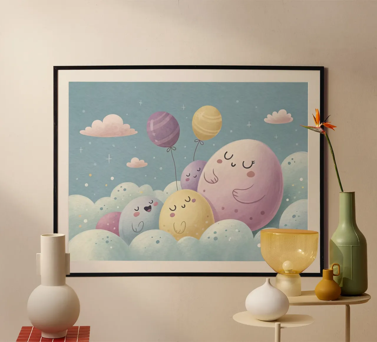 Carini personaggi dei cartoni animati con palloncini poster con telaio in alluminio da 🐹 BABY ART PRINTS