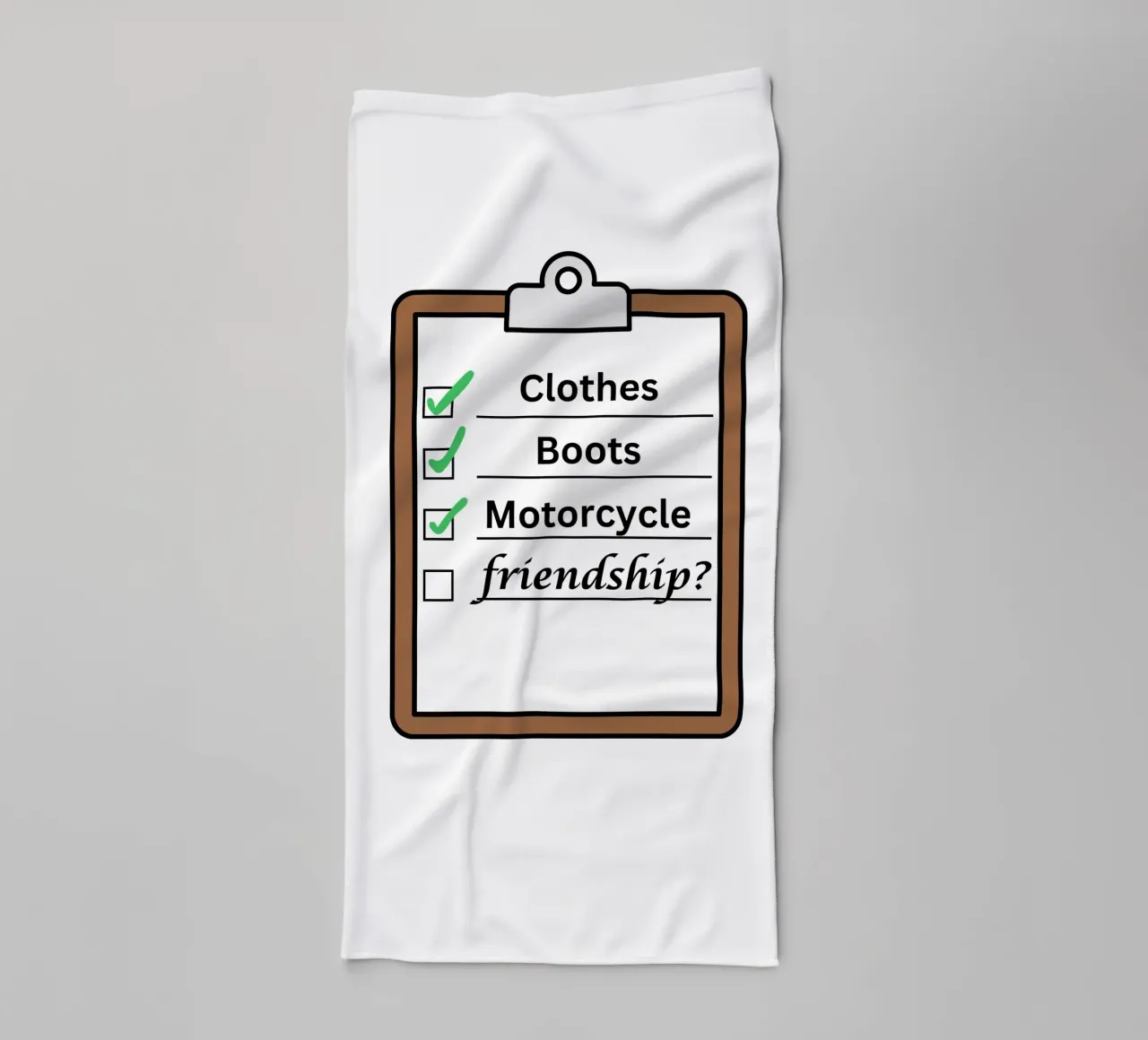 Time travellers check list - Clothes, Boots, Motorcycle. asciugamano da bagno da Melty Shirts