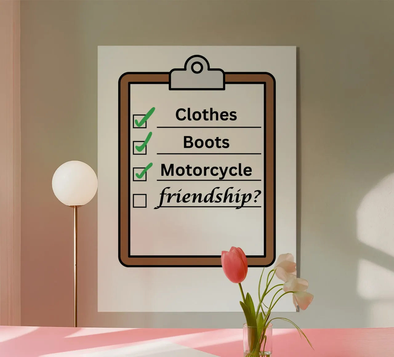 Time travellers check list - Clothes, Boots, Motorcycle. plexiglass da Melty Shirts