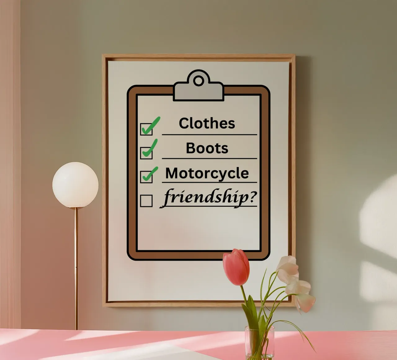 Time travellers check list - Clothes, Boots, Motorcycle. tela con Cornice a cassetta da Melty Shirts