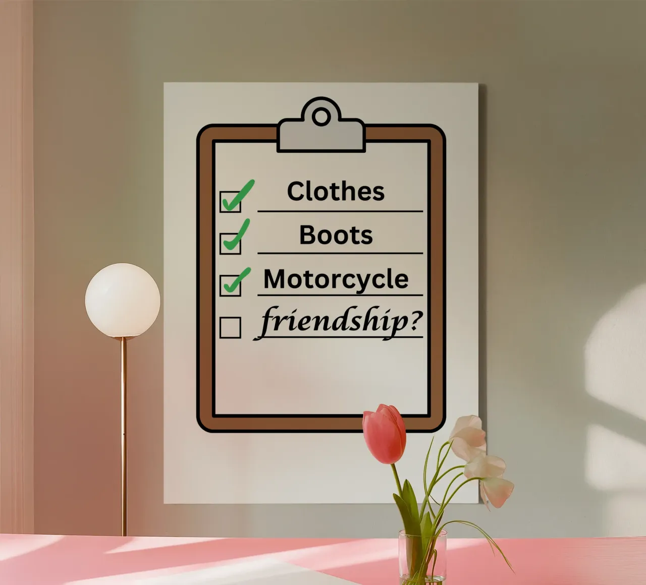 Time travellers check list - Clothes, Boots, Motorcycle. tela con Cornice a cassetta da Melty Shirts