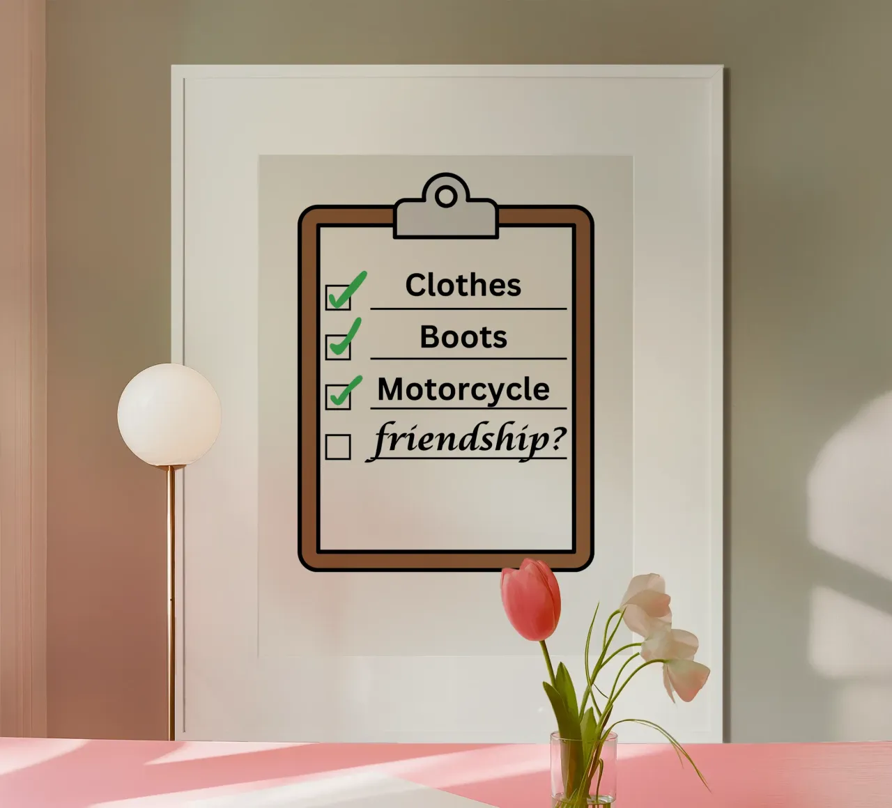 Time travellers check list - Clothes, Boots, Motorcycle. poster con telaio in legno da Melty Shirts